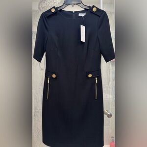 Calvin Klein Black Sheath Dress with Gold Accents